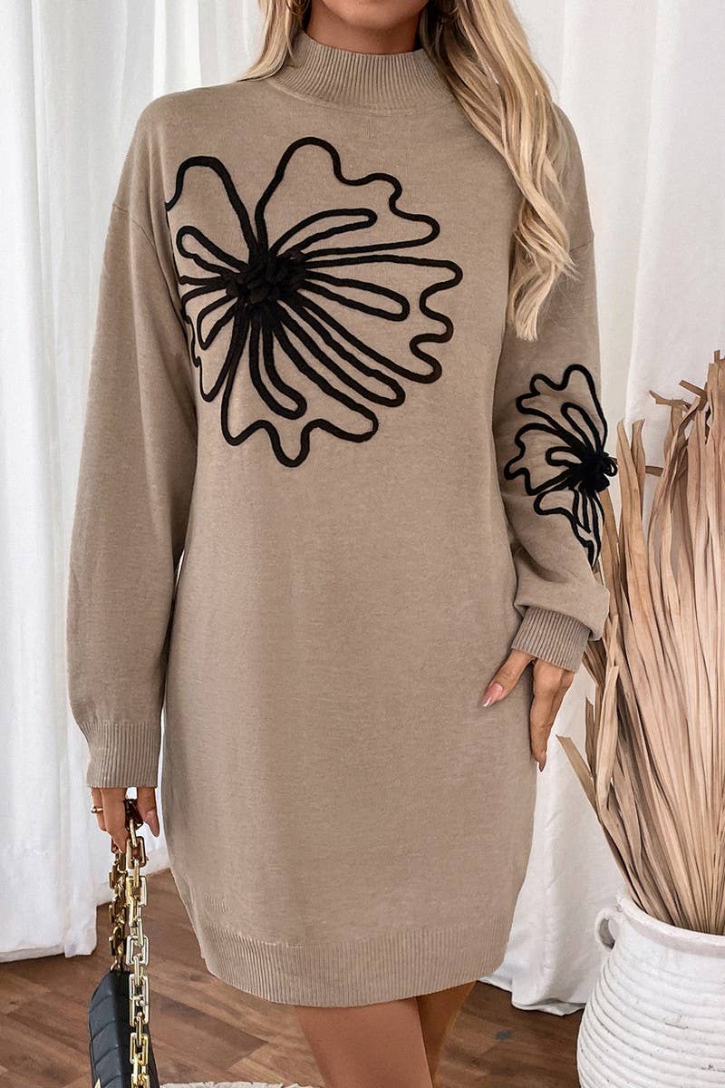 CWDSD7266_AUTUMN AND WINTER MID COLLAR FLORAL SWEATER DRESS