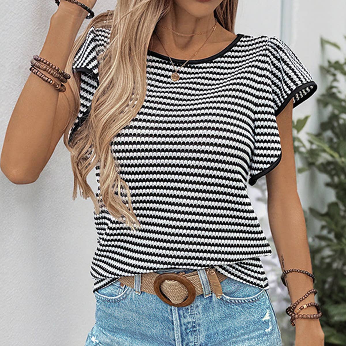 Classic Black White Striped Crew Neck Tee