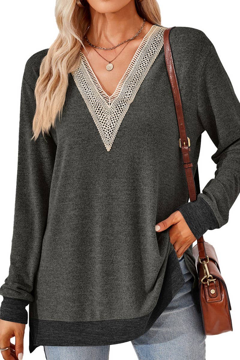 CWTBLL3660_AUTUMN NEW V-NECK LACE SOLID COLOR LOOSE T-SHIRT