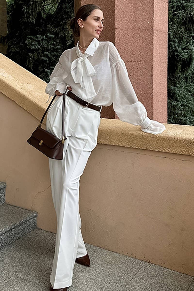 CWTSTL906_SEXY SEE-THROUGH WHITE TENCEL LACE-UP SHIRT