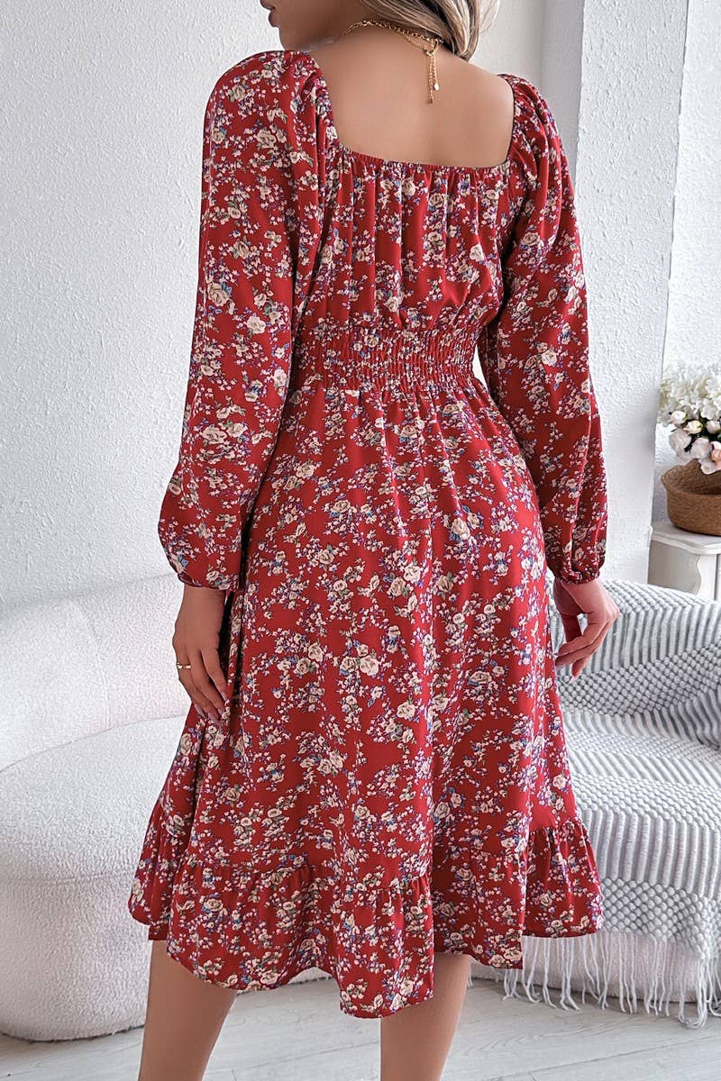 CWDMD6025_FLORAL SQUARE NECK LONG SLEEVE RUFFLE DRESS