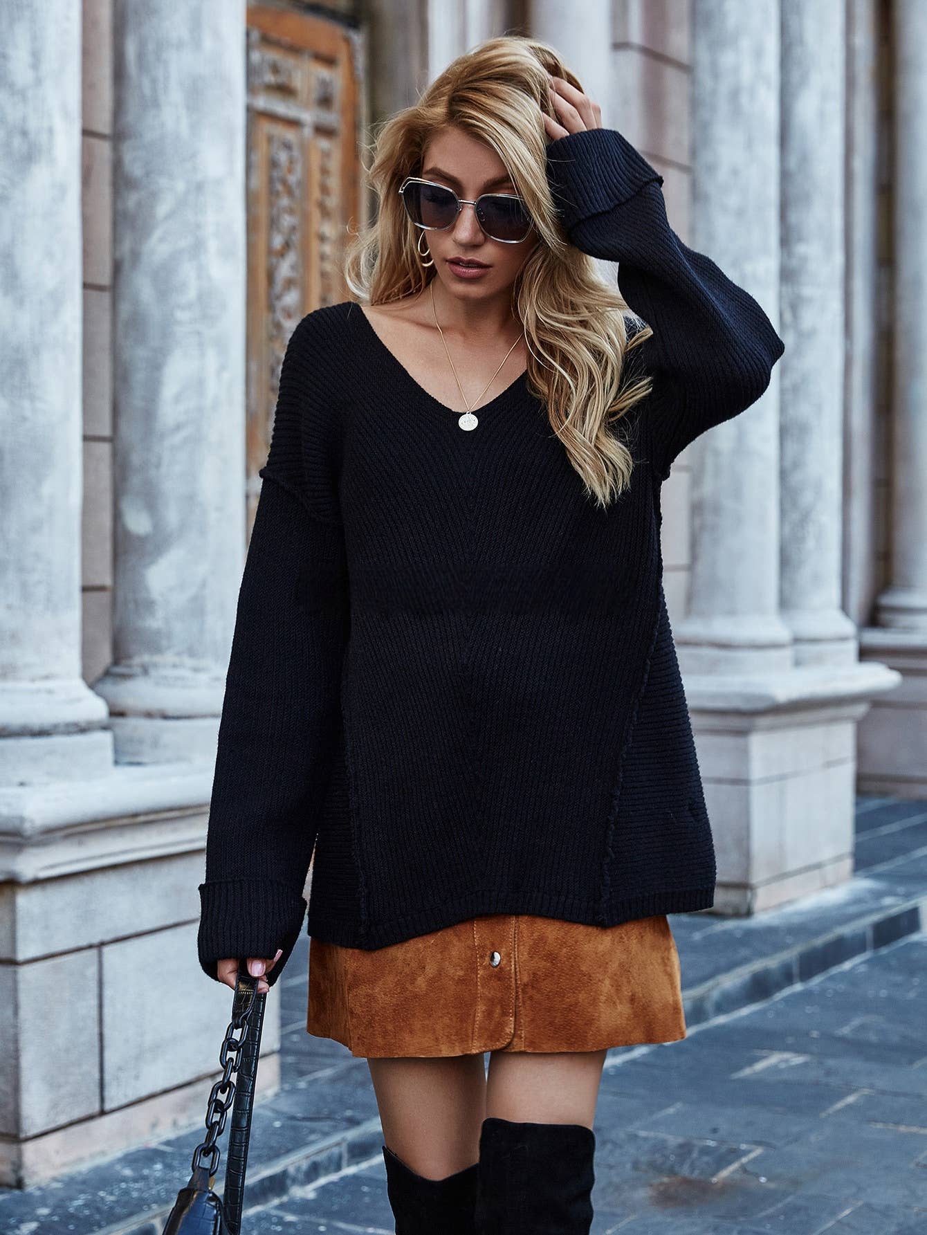CWOSWL1406_V-Neck Long Sleeve Pullover Sweater