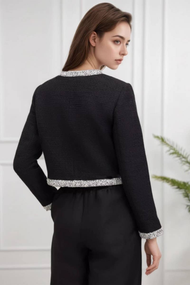 CWOCO1281_ROUND NECK COLOR-BLOCKED TRIM TWEED SHORT COATS