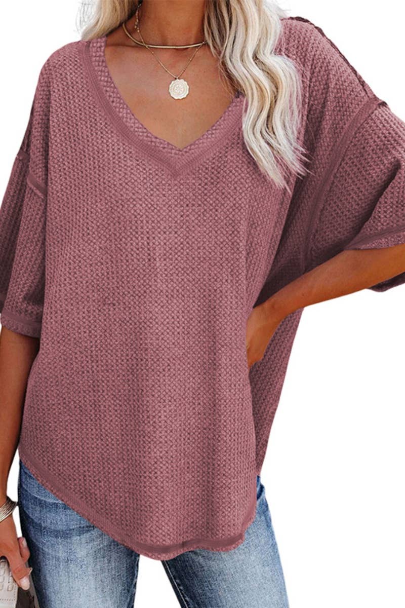 CWOSWS0099_KNIT V-NECK BAT-SLEEVED LOOSE MID-SLEEVED TOP