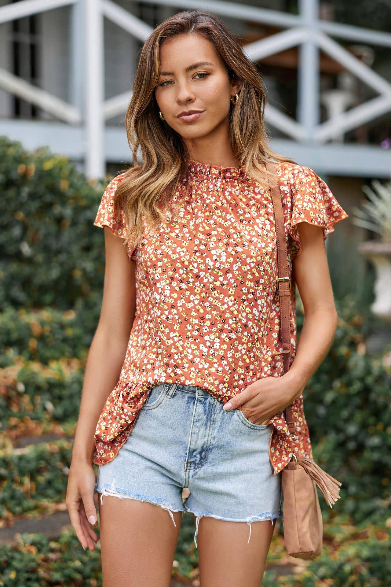 CREW-NECK PULLOVER FLORAL TOP RUFFLED SLEEVE SHIRT