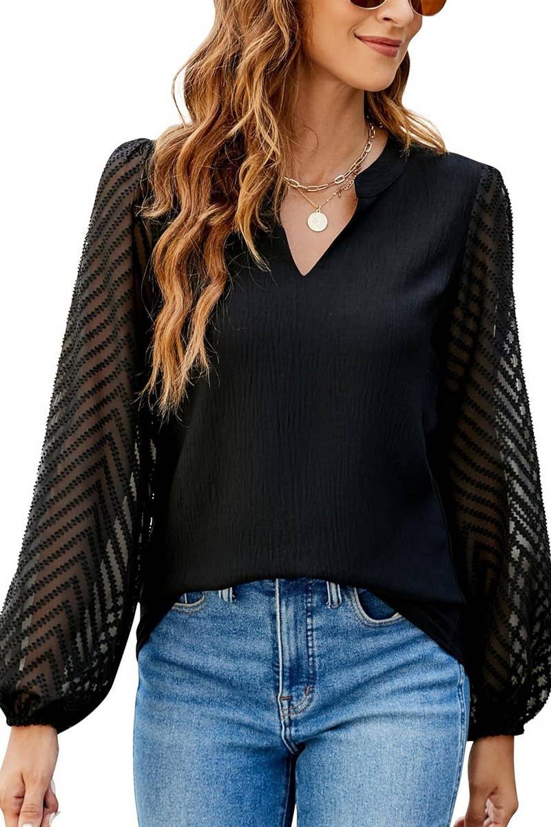 CWTBLL3999_SOLID V-NECK LACE PANEL CHIFFON BLOUSE