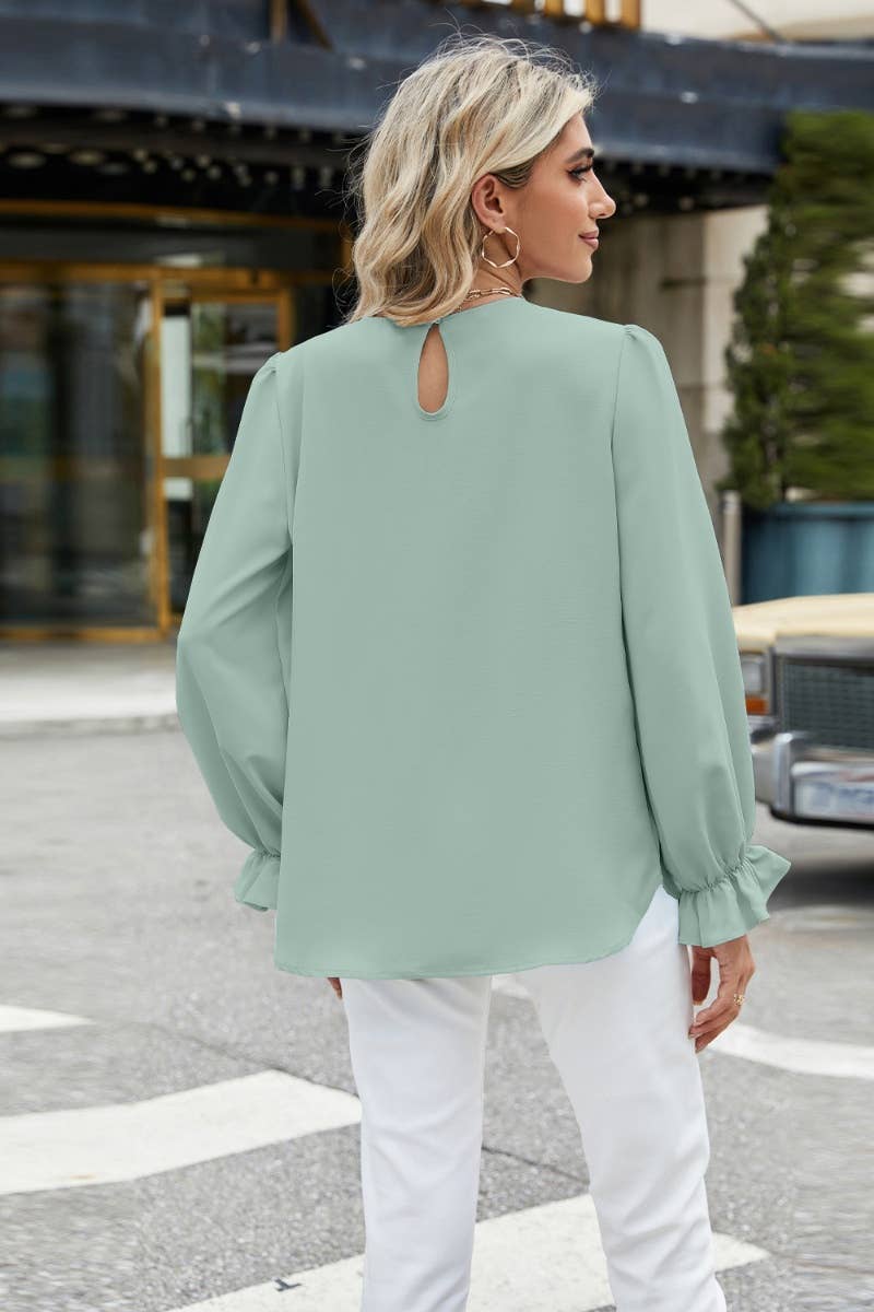 CWTBLL2871_CREW-NECK CHIFFON BAGGY LONG-SLEEVED BASE TOP