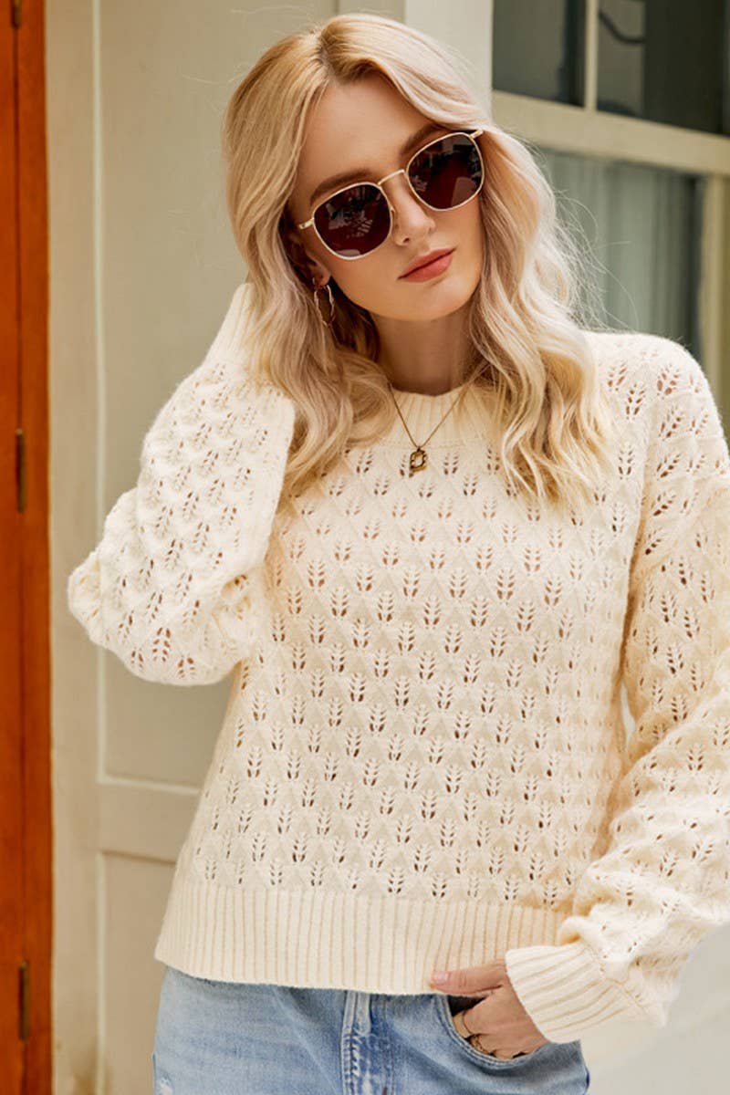 CWOSWL2678_LOOSE CREW NECK PULLOVER HOLLOW KNIT TOP