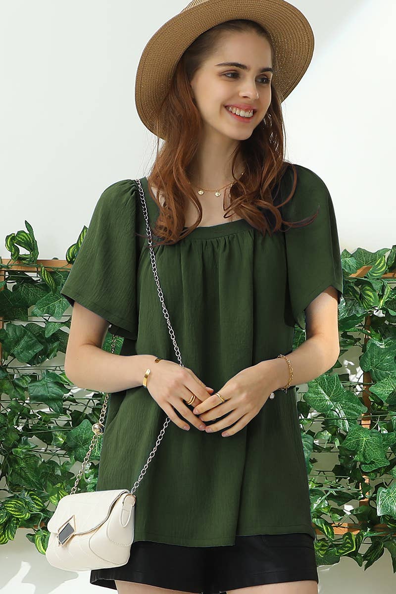 CWTBLS192-P_SQURE NECK RUFFLE NECK SHORT SLEEVE BLOUSES TOP