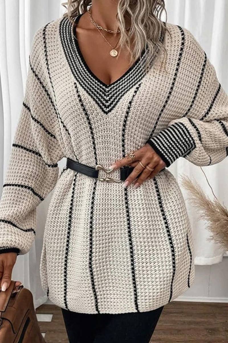 CWOSWL5202_VERTICAL PRINT CASUAL LOOSE LONG-SLEEVED SWEATER