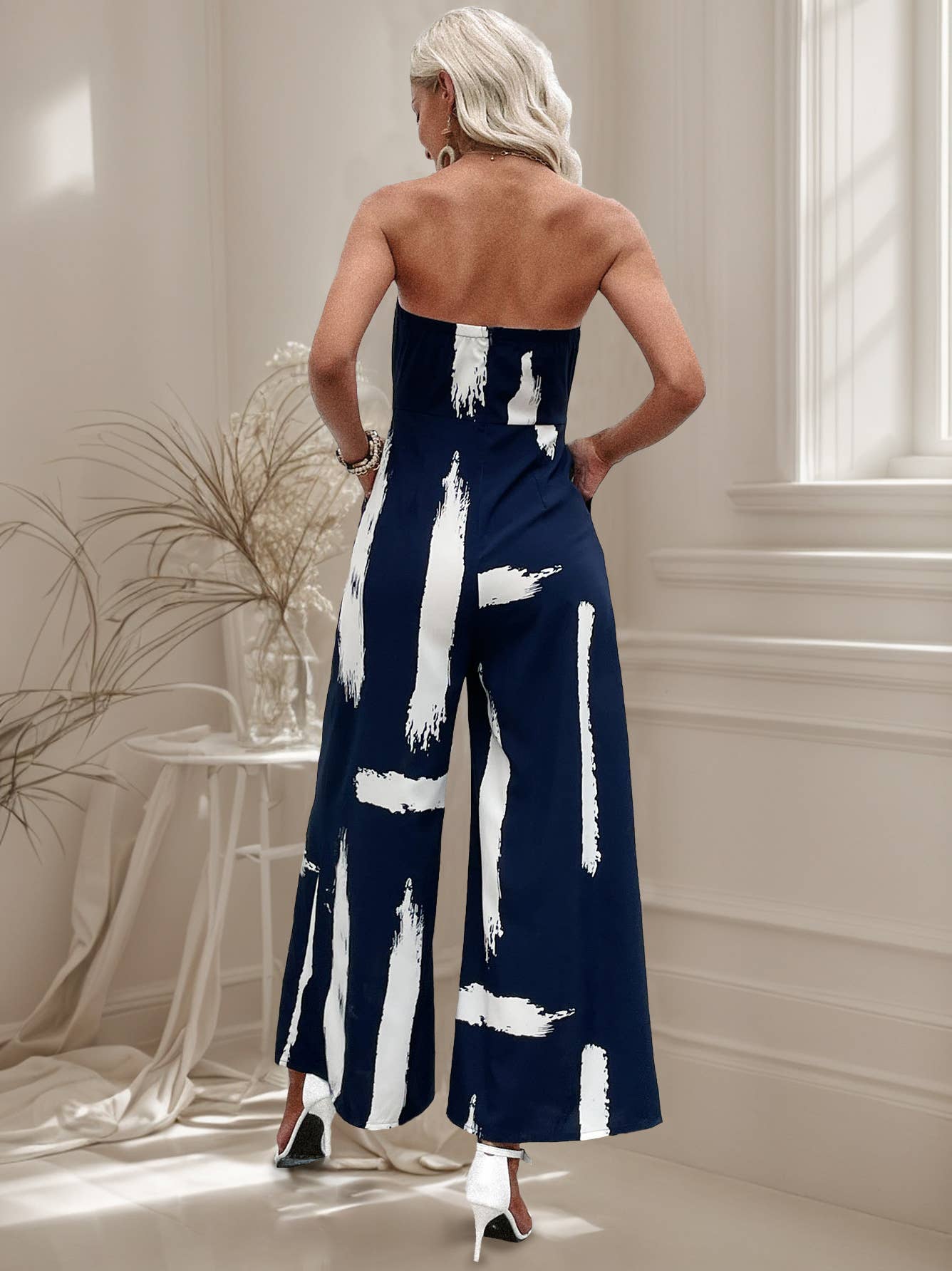 Brush-print strapless strapless jumpsuits