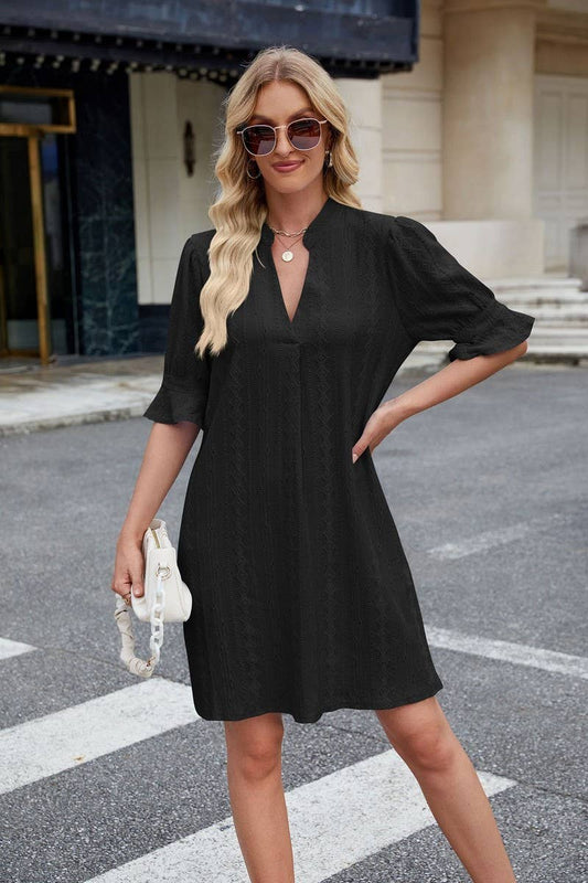 CWDSD7277_V-NECK CASUAL TRUMPET SLEEVE SHORT-SLEEVED DRESS