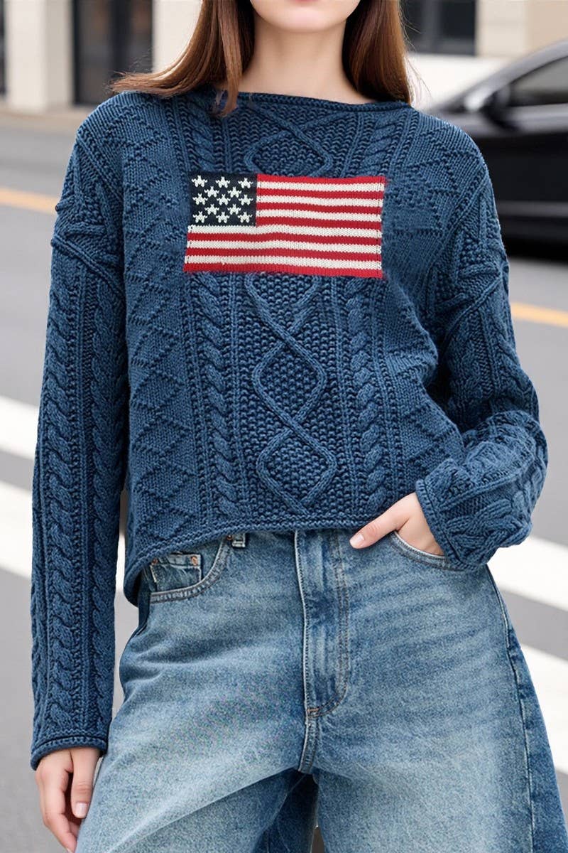 CWOSWL07060_AMERICAN FLAG PULLOVER LONG-SLEEVED KNIT SWEATER