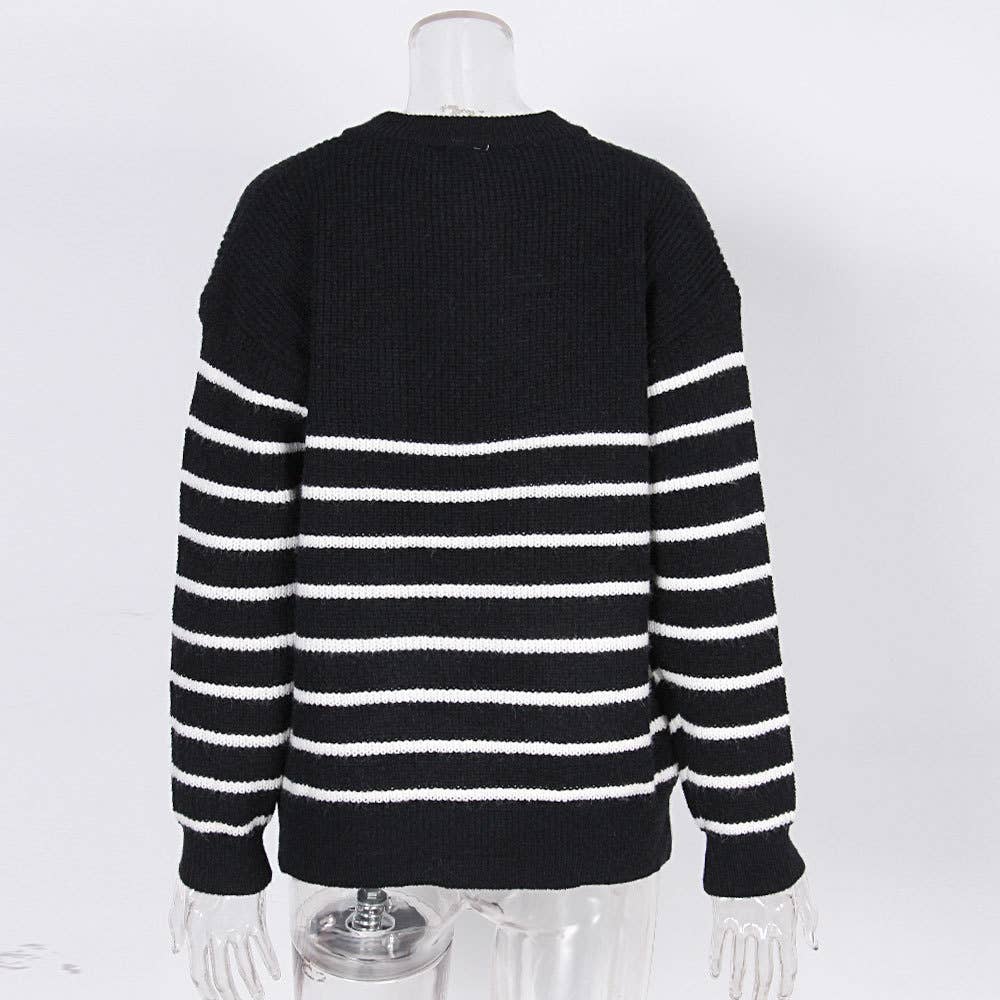 COLOR-MATCHING STRIPED HALF-ZIP PULLOVER SWEATER