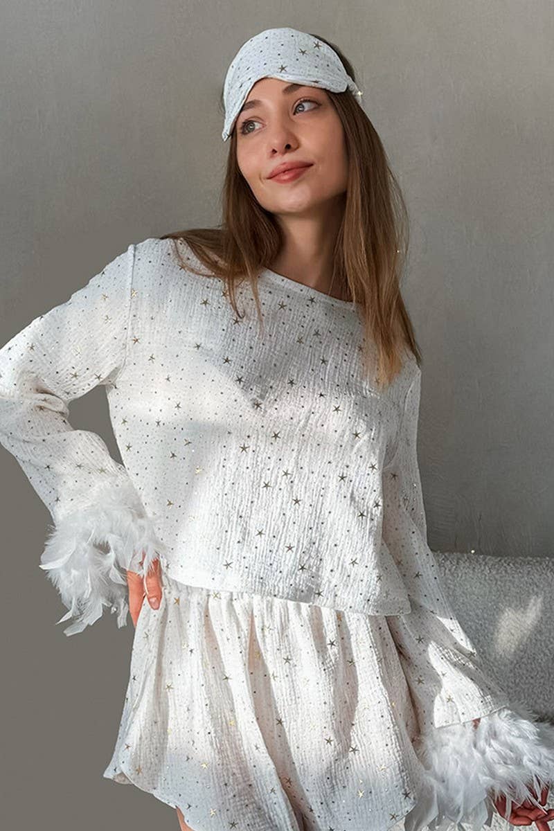 CWSPJ0311_PURE COTTON FEATHER LONG-SLEEVED SHORTS PAJAMAS