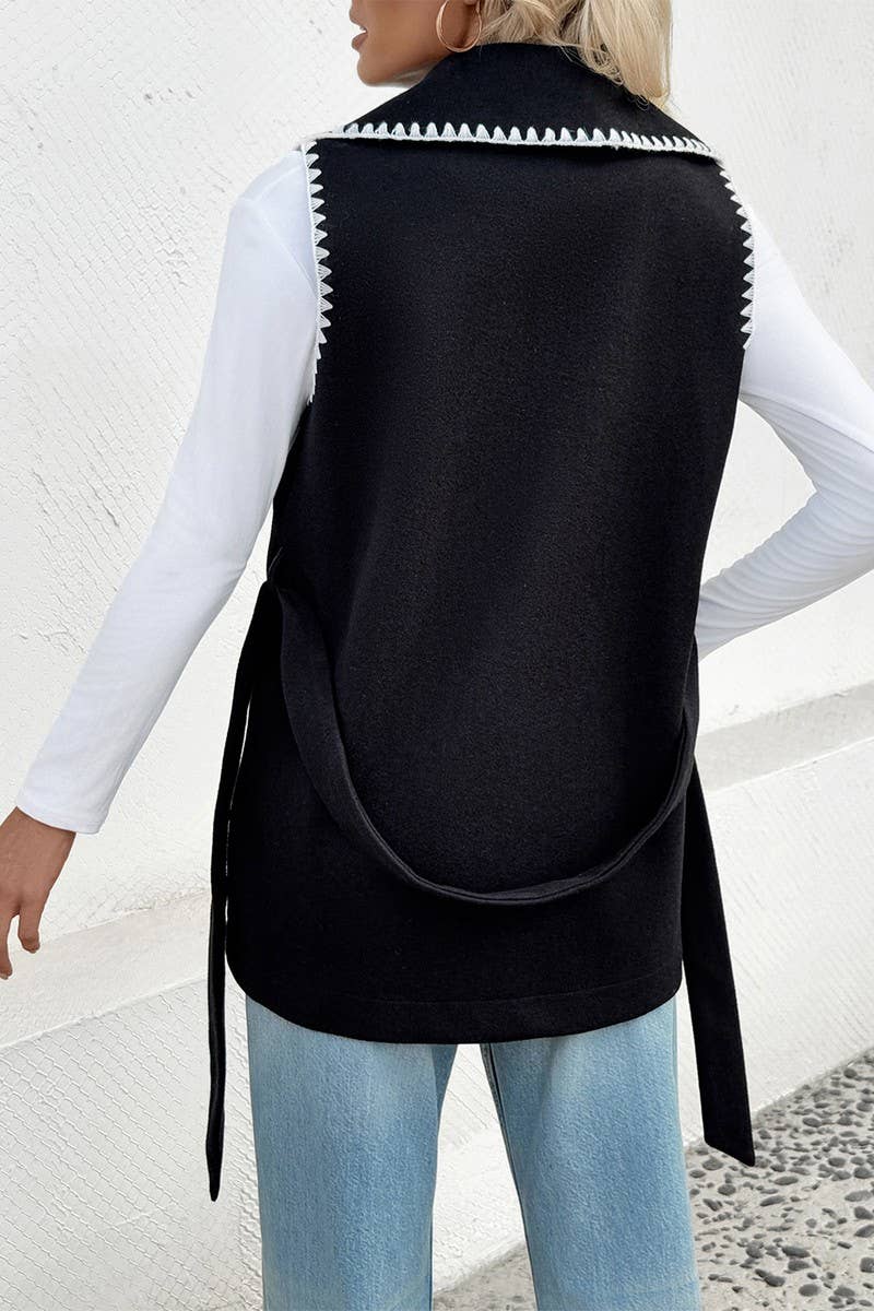 CWOV00105_TIE FRONT LAPEL CONTRAST TRIM VEST JACKET