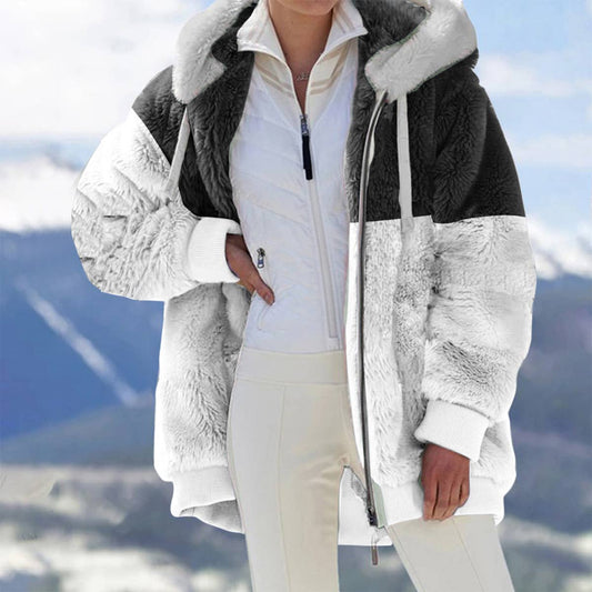 Fleece patchwork zipper pocket hooded loose jacket