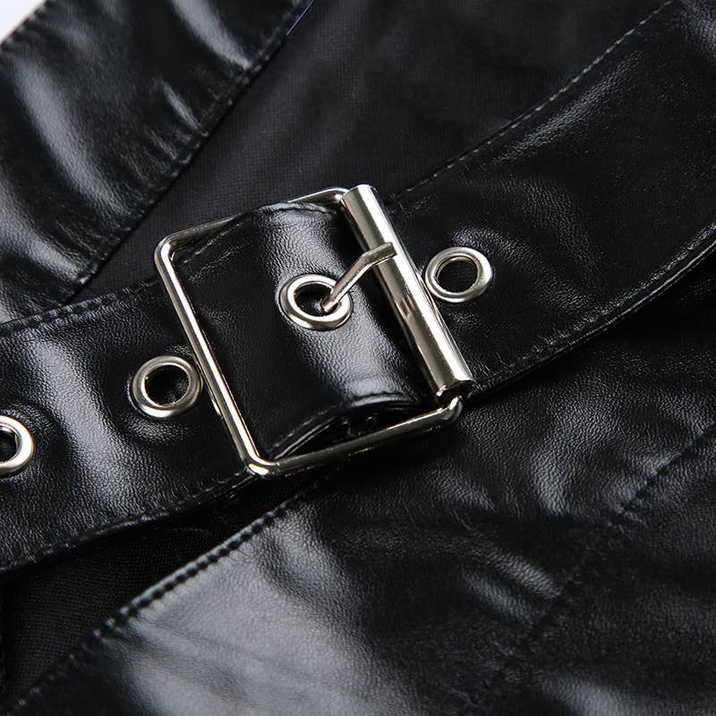 Button-up waist cutout PU leather casual pants