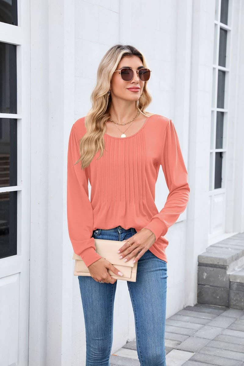 CWTBLL01305_CREW NECK SOLID RIBBED LONG SLEEVE CASUAL TEE