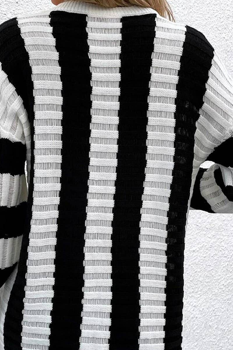 CWOSWL6280_STRIPED HOLLOW LONG-SLEEVED SWEATER TOP
