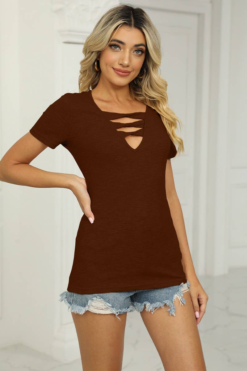 CWTBLS2190_SOLID KNIT HOLLOW OUT CASUAL SHORT SLEEVE TEE