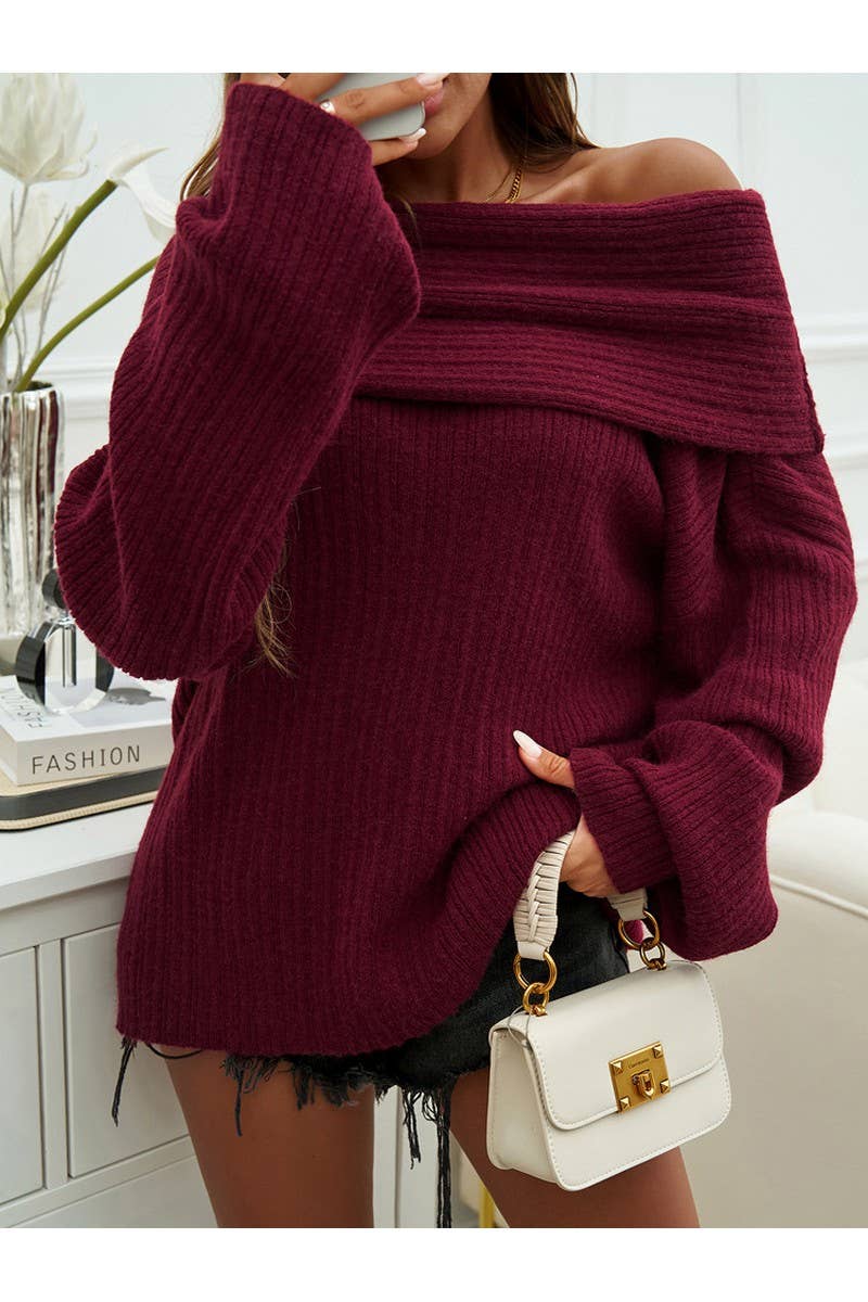 CWOSWL2949_Solid Color Pullover Long Sleeved Knit Sweater