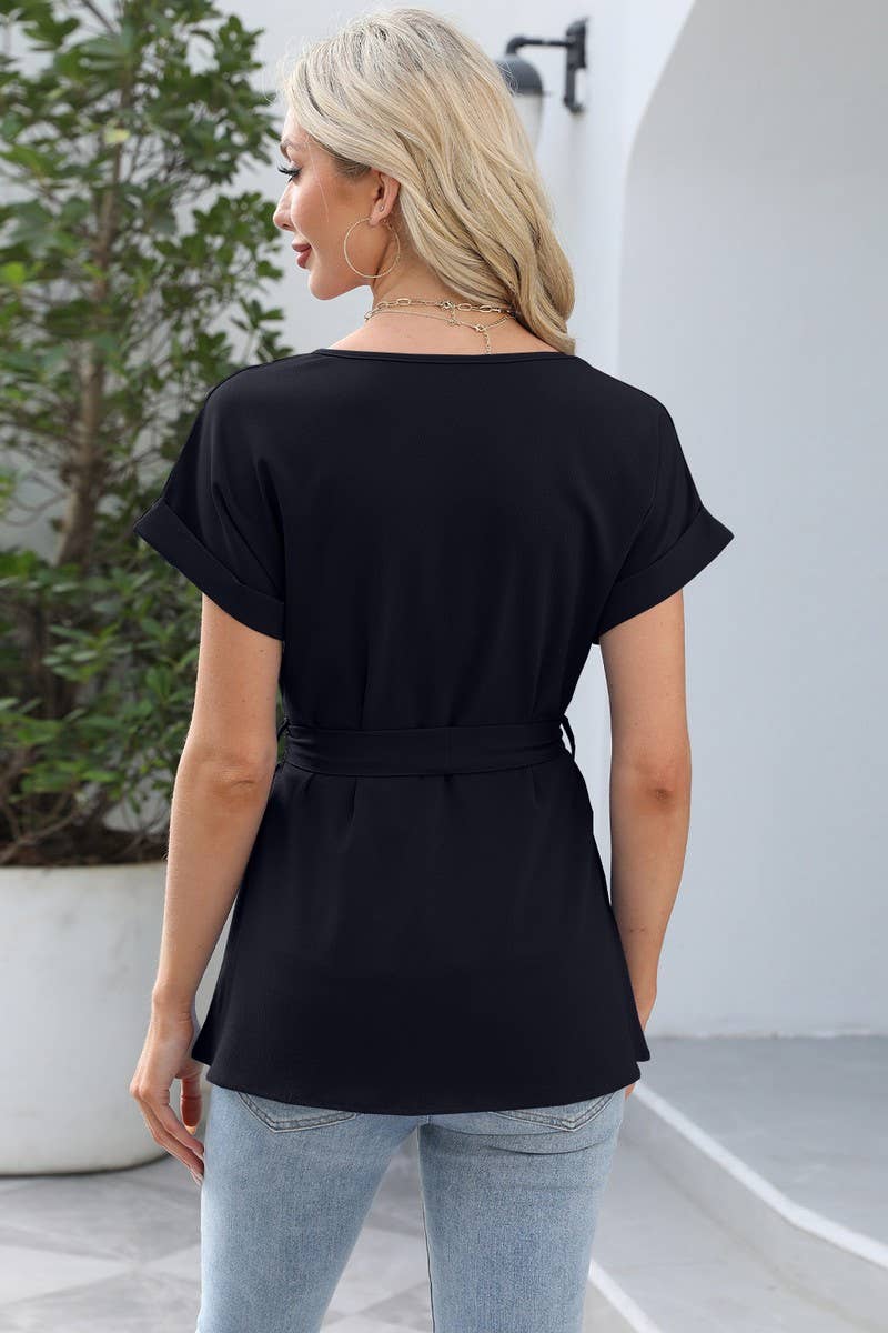 CWTBLS1698_TIE-UP RUFFLED CREW NECK SHORT-SLEEVED TOP