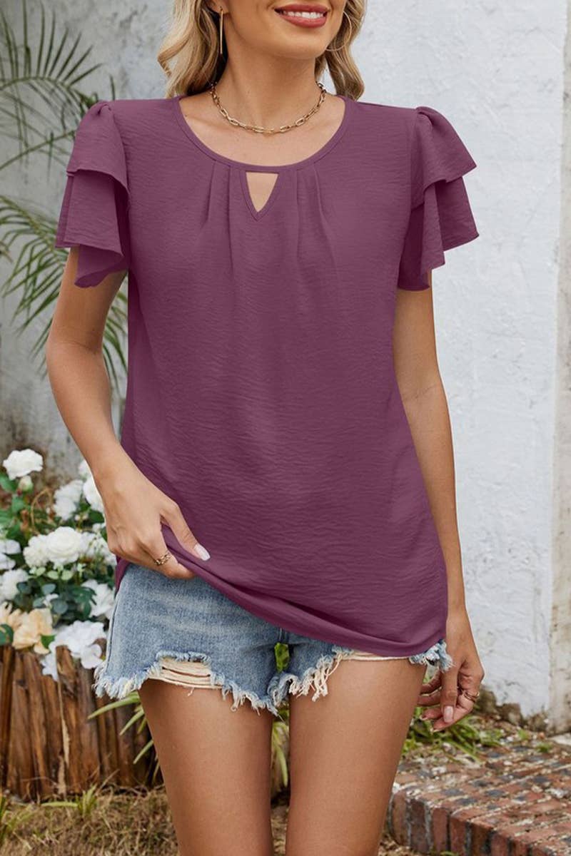 CWTTS1330_V-NECK HOLLOW DOUBLE-LAYER SLEEVE LOOSE T-SHIRT