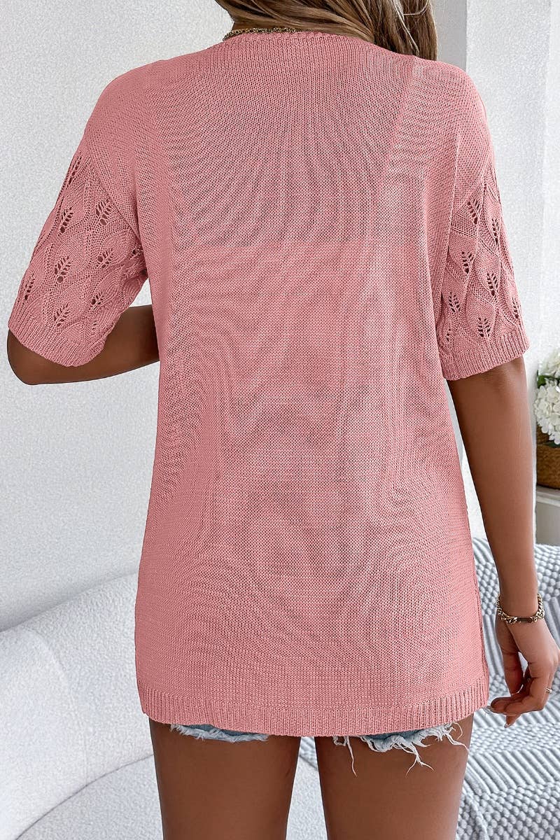 CWTBLS1063_KNITTED HOLLOW LEAF SHORT-SLEEVED SUNSCREEN SHIRT