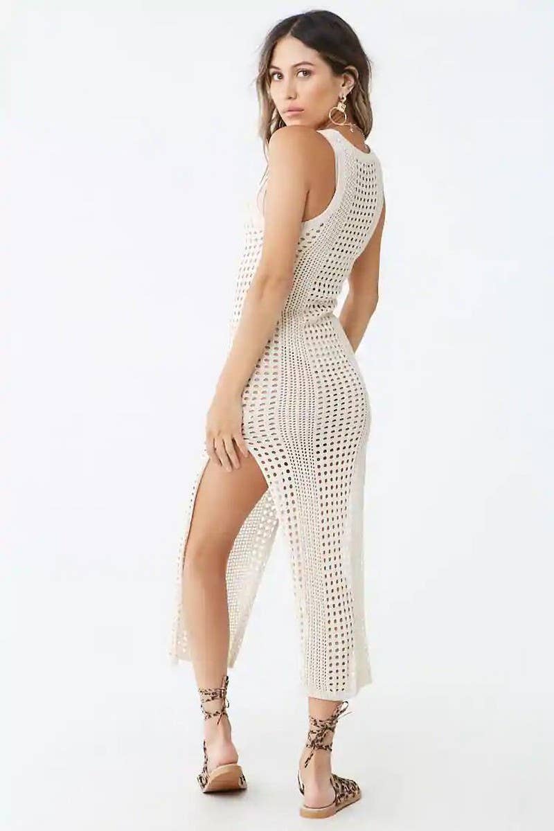 CWDMD4732_LOOSE SOLID BEACH HOLLOW KNIT COVER-UP DRESS