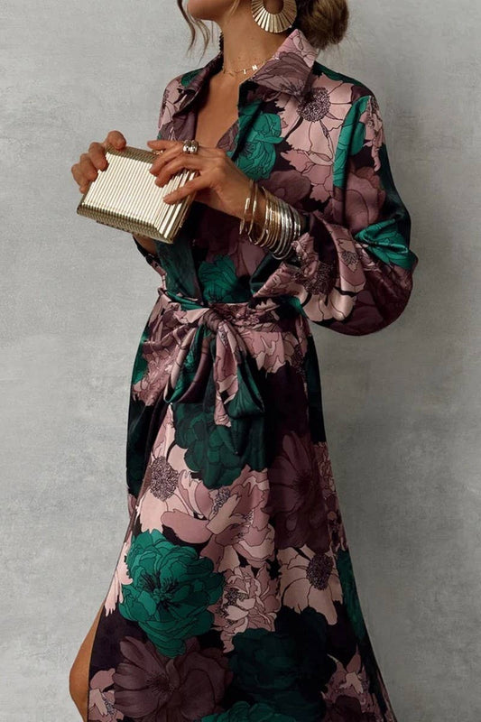 CWDMD5863_ELEGANT PRINTED TIE-WAIST LONG SLEEVE DRESS