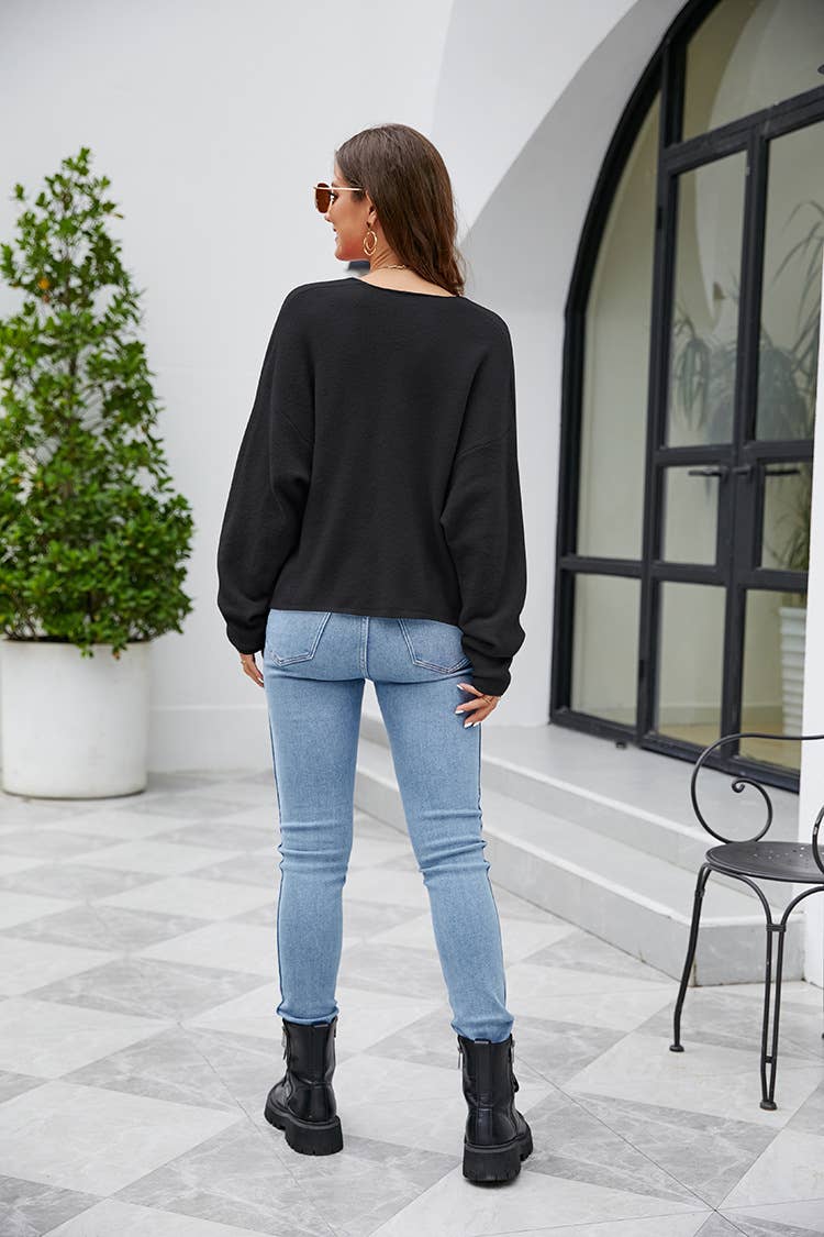 BAT-SLEEVED SOLID COLOR V-NECK SWEATER