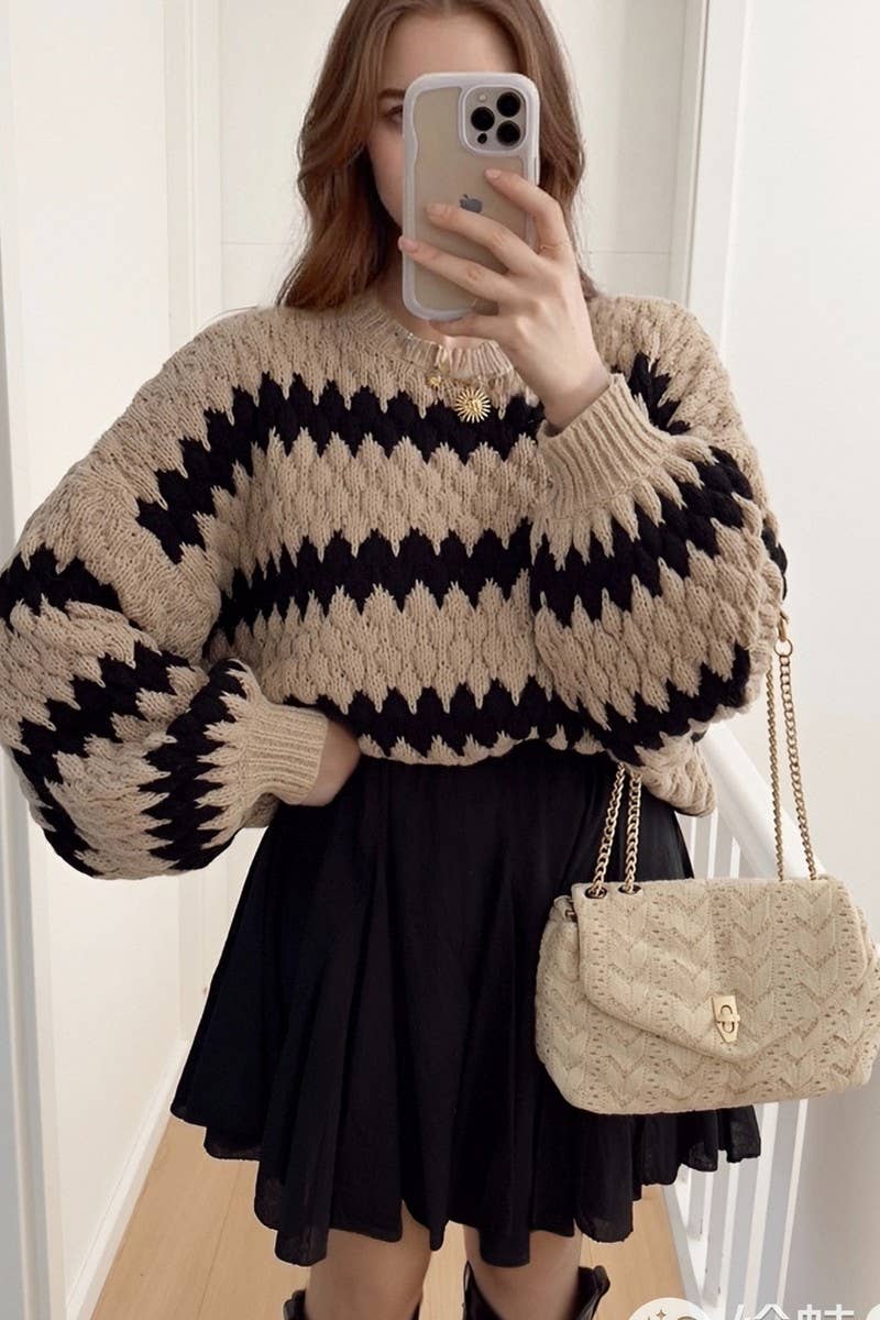 CWOSWL6948_TRENDY OVERSIZED STRIPED KNIT PULLOVER SWEATER