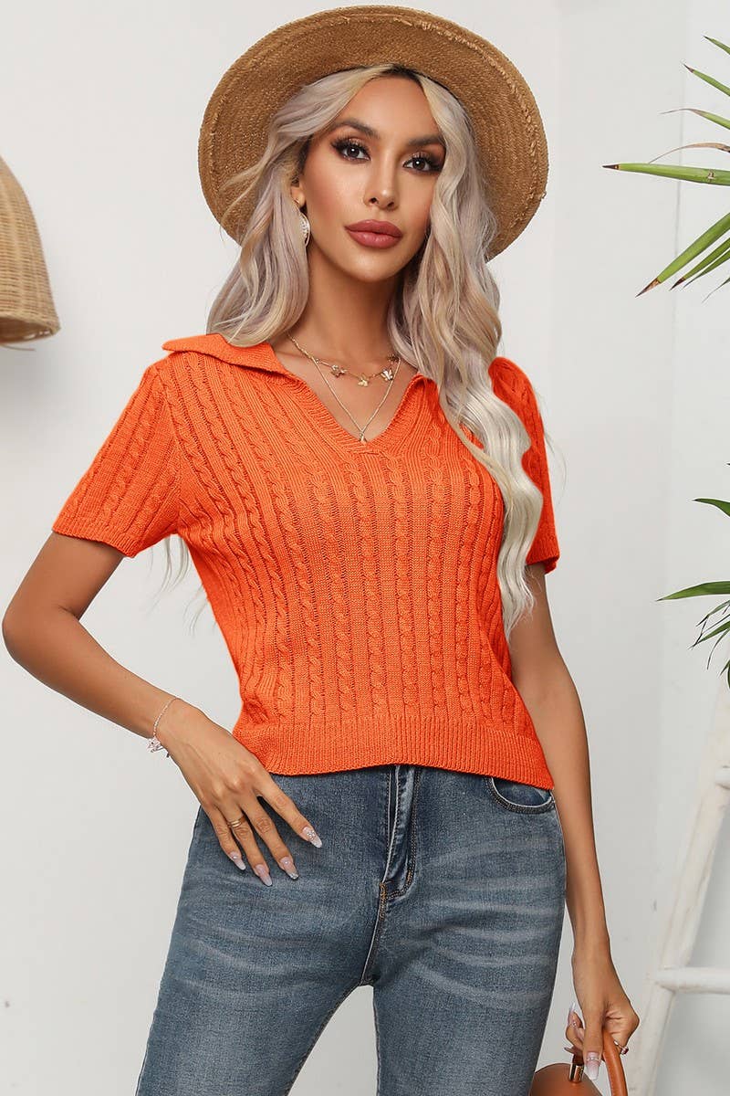 CWOSWS0059_Casual V-Neck Short Sleeve Pullover Sweater