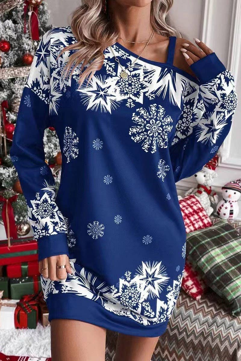 CWDSD10877_CHRISTMAS SNOWFLAKE OFF SHOULDER DRESS