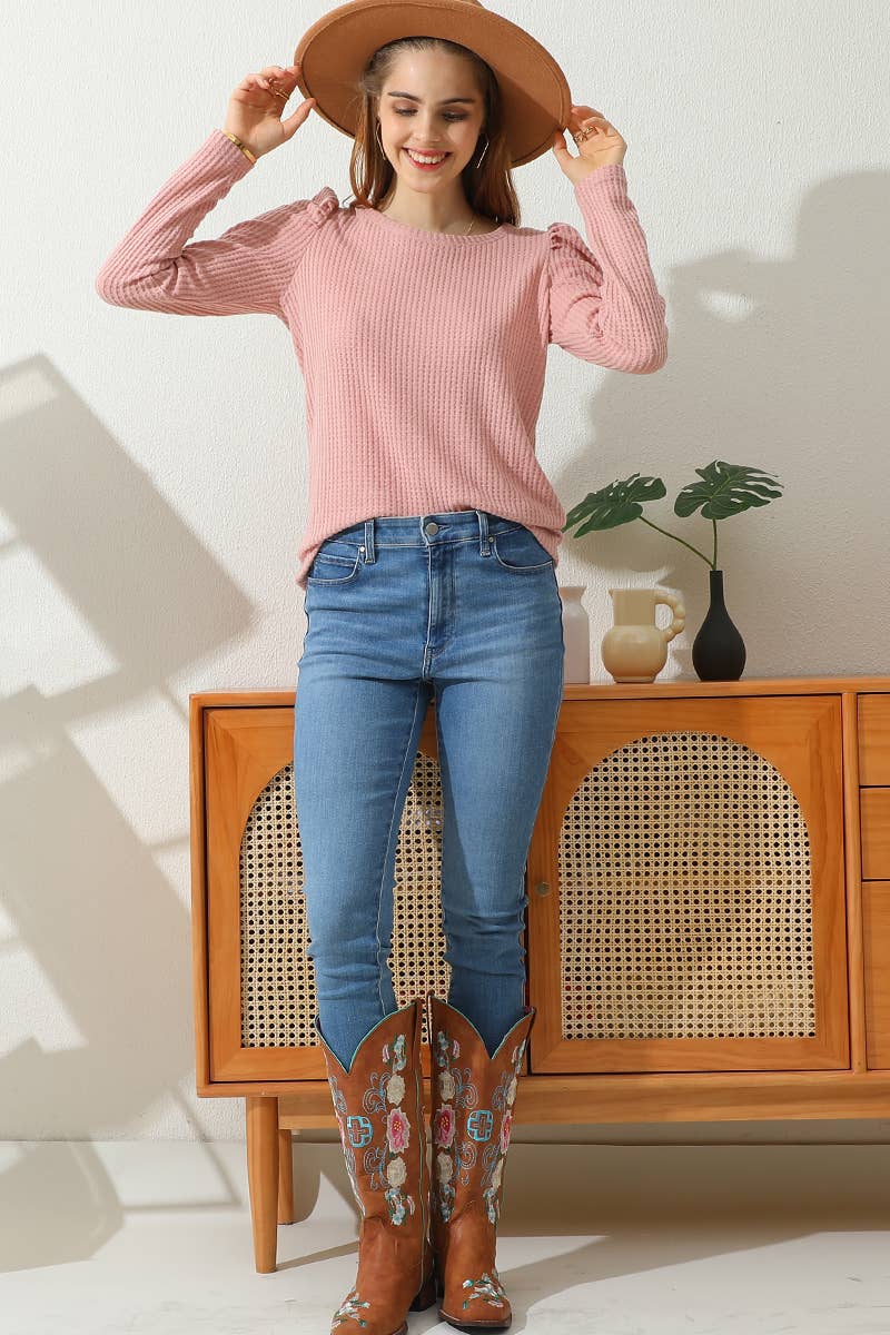 CWTTL1470_Puff Sleeve Crew Neck Casual T Shirt Top