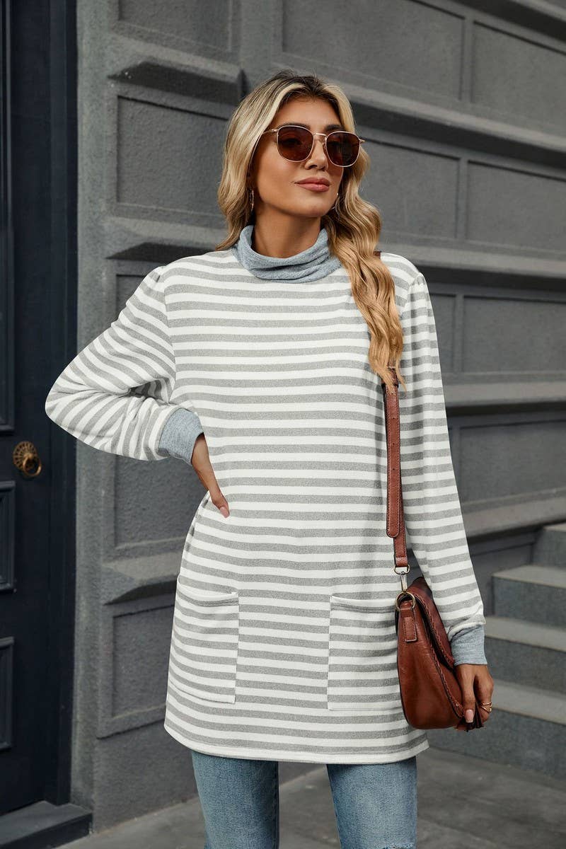 CWTBLL2357_HALF TURTLENECK STRIPED KNITTED LONG SLEEVE TOP