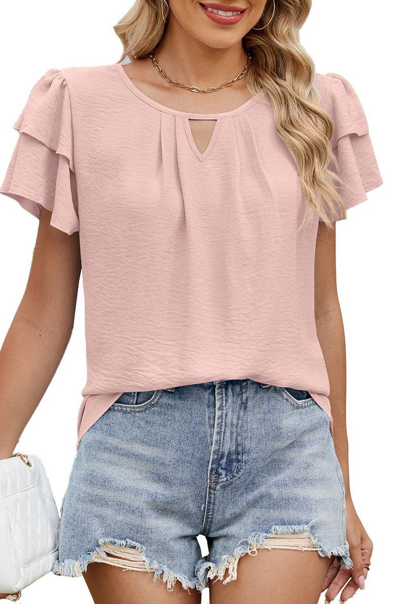 CWTBLS1737_V-NECK HOLLOW DOUBLE-LAYER SLEEVE CHIFFON TOP