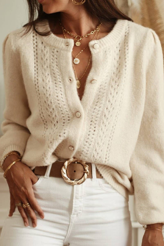 CWOCAL00711_SOLID CROCHET HOLLOW KNIT BUTTON-UP CARDIGAN