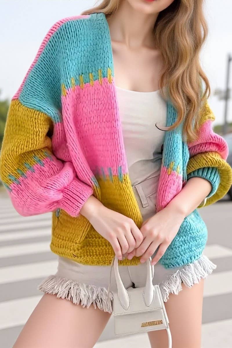 CWOCAL00824_V NECK COLOR BLOCK LOOSE KNIT CARDIGAN