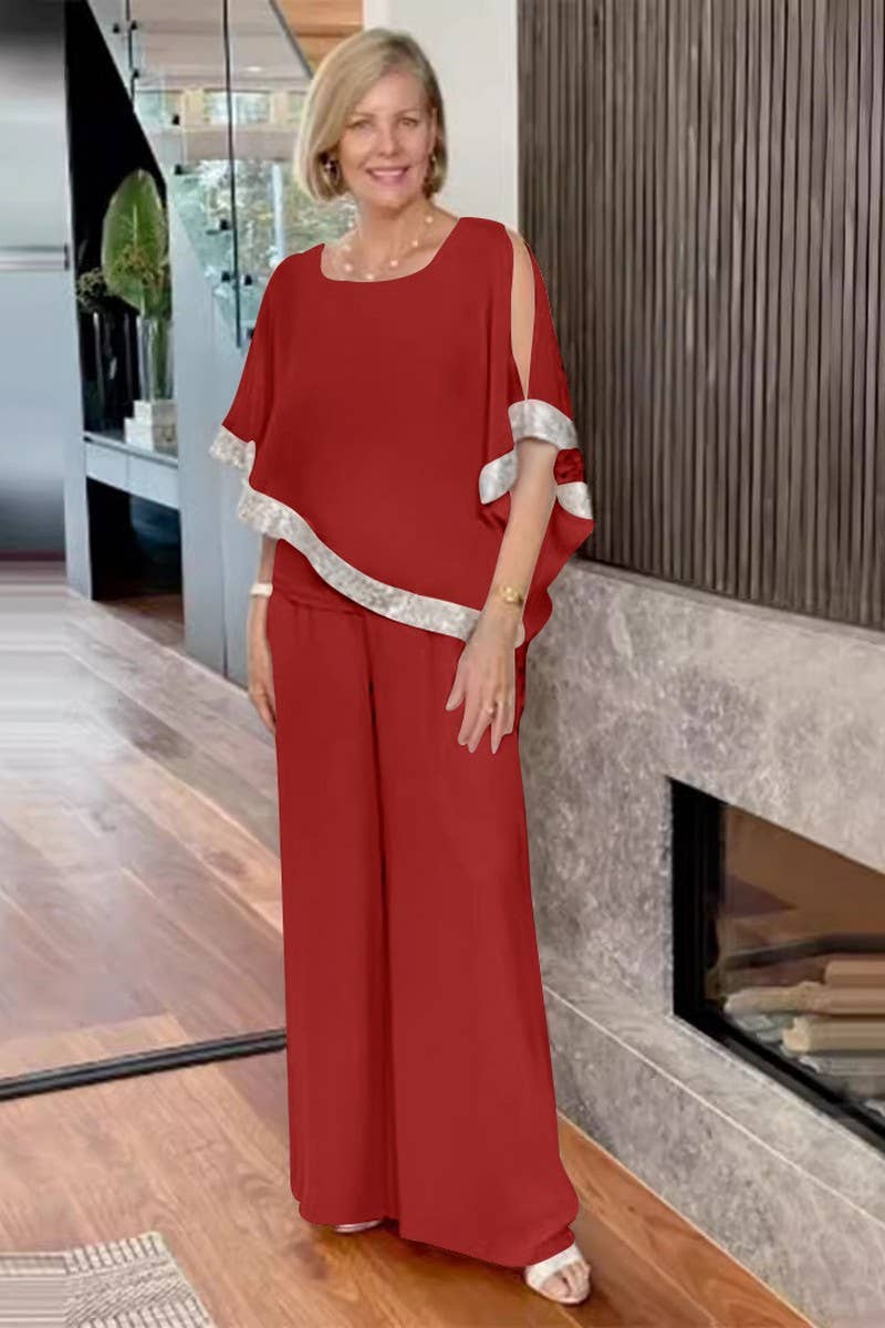 CWSTB1401_ROUND NECK SEQUIN TOP WIDE LEG PANTS SET