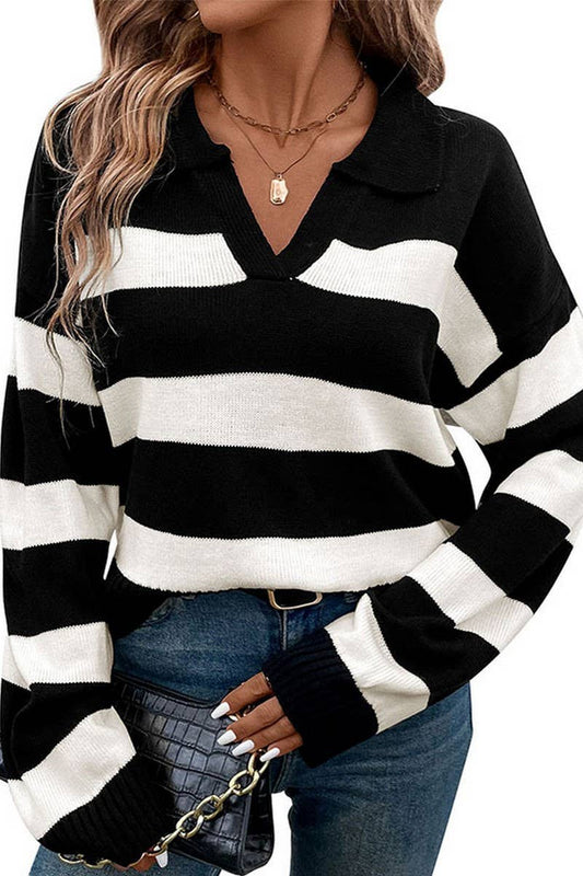 CWOSWL2785_LOOSE BLACK AND WHITE STRIPED LAPEL KNIT TOP