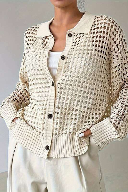 CWOCAL2285_WOMEN'S HOLLOW SOLID COLOR KNIT CARDIGAN