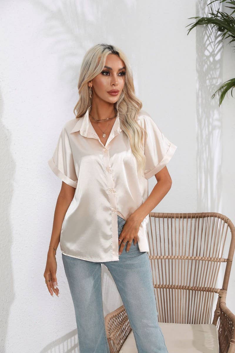 CWTBLS0406_Button Down Silky Satin Short Sleeve Top