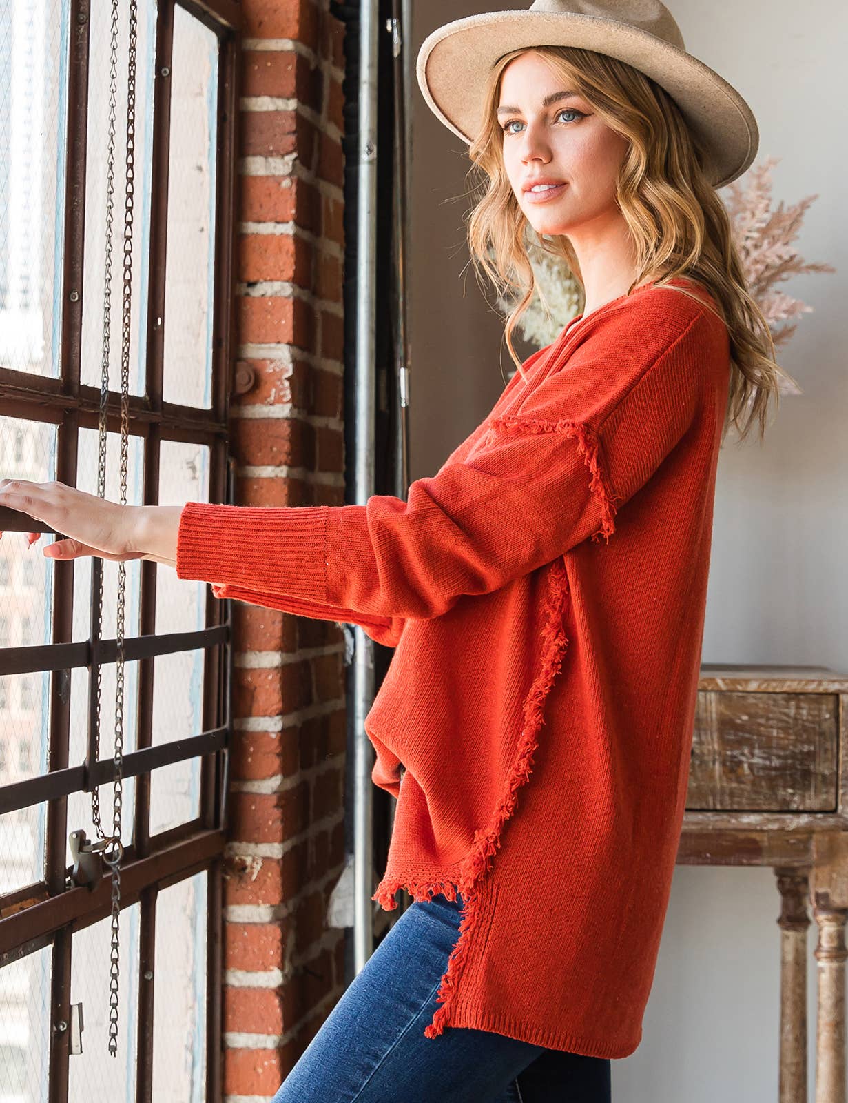 CWOSWL1832_BUTTON DOWN FRINGE SHOULDER SWEATER KNIT TOP