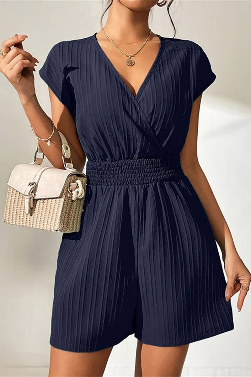 CWSJS1514_SOLID COLOR STRIPED CROSS-NECK BOW TIE JUMPSUIT