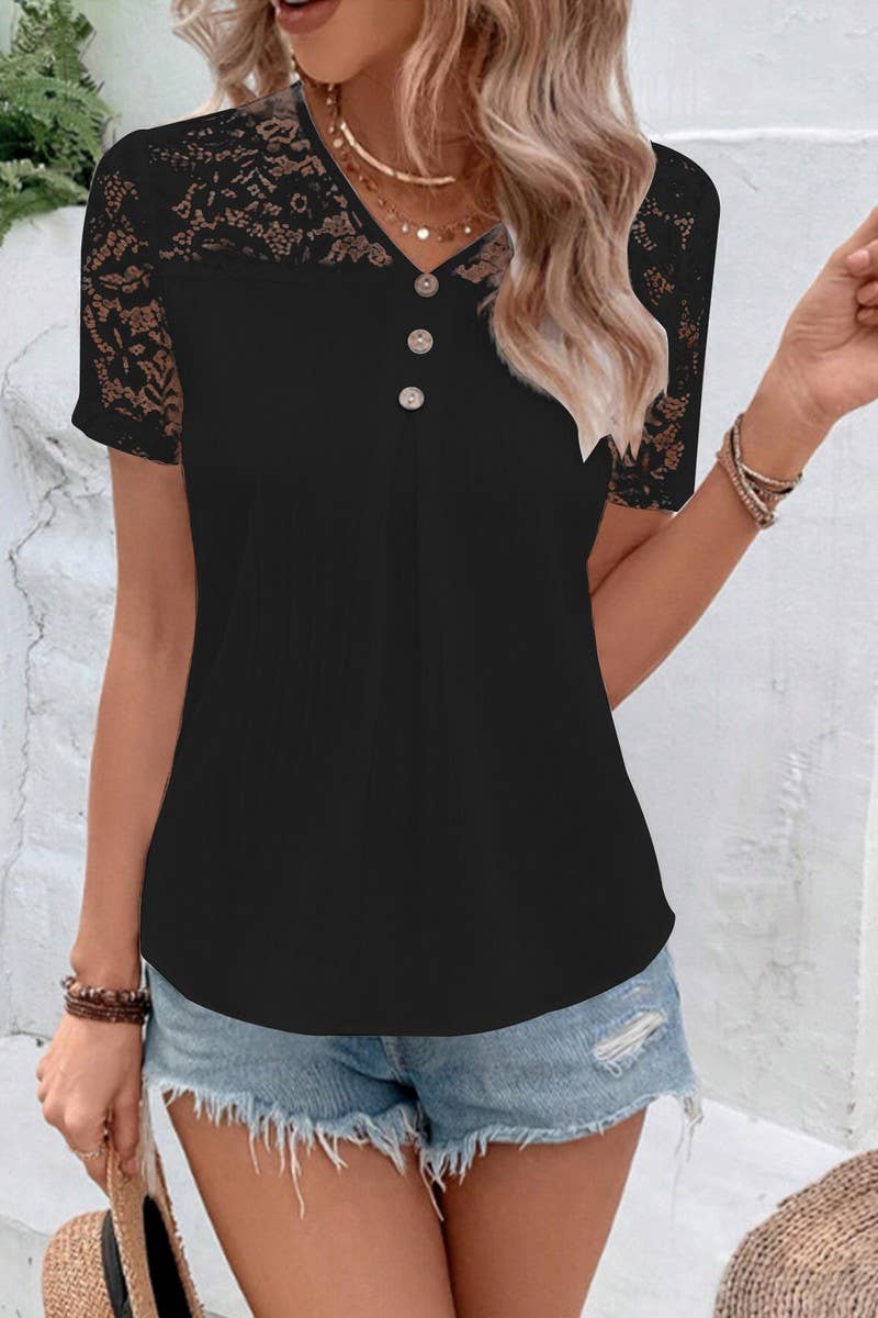 CWTBLS2181_SOLID V-NECK LACE TRIM SHORT SLEEVE BLOUSE