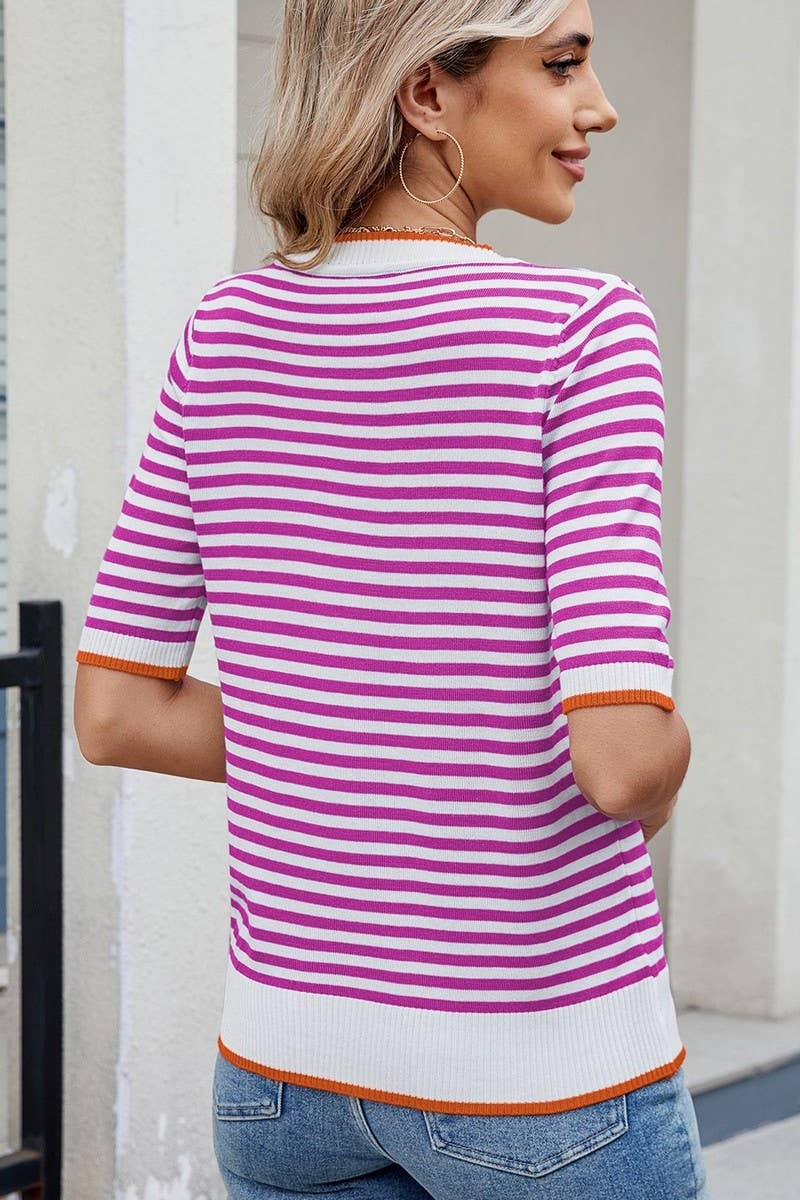CWTBLS02495_STRIPED KNITTED ICE SILK SHORT-SLEEVED TOP