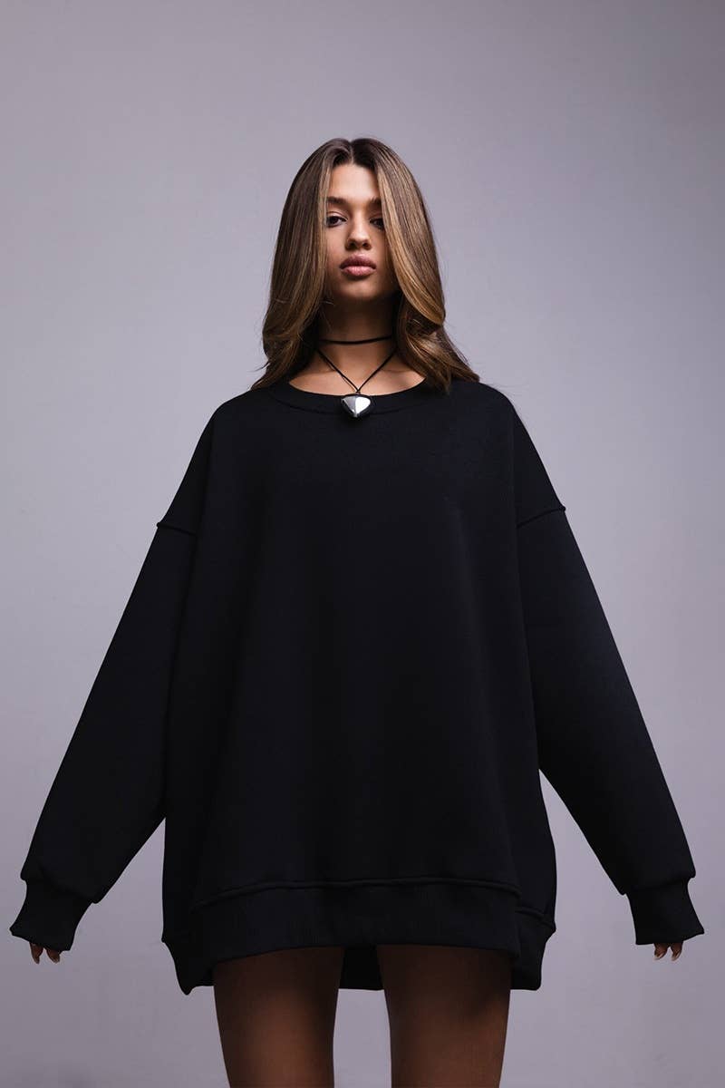 CWTBLL1669_SOLID COLOR BAGGY LONG-SLEEVED CREW-NECK TOP