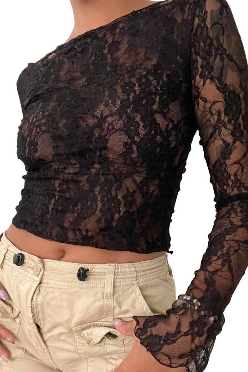 CWTBLL1194_SOLID COLOR LACE STITCHING LONG SLEEVE TOP